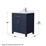 Wyndham Collection Beckett 30" Dark Blue Bathroom Vanity with White Cultured Marble Top