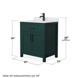 Wyndham Collection Beckett 30" Green Bathroom Vanity with White Cultured Marble Top