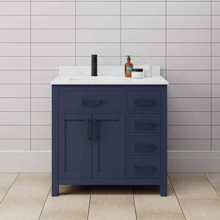 Wyndham Collection Beckett 36" Dark Blue Bathroom Vanity with Carrara Marble Top