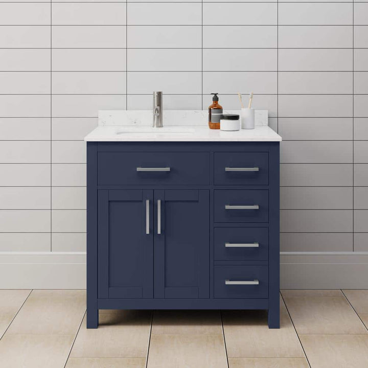 Wyndham Collection Beckett 36" Dark Blue Bathroom Vanity with Carrara Marble Top