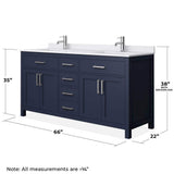 Wyndham Collection Beckett 66" Double Sink Bathroom Vanity in Dark Blue with Cultured Marble Top