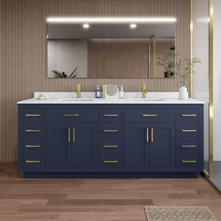 Wyndham Collection Beckett TK 84" Double Sink Bath Vanity in Dark Blue with Giotto Quartz Top