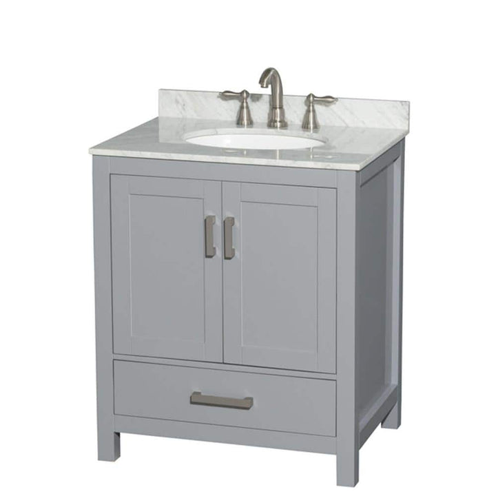 Wyndham Collection Sheffield 30" Gray Bathroom Vanity with White Carrara Marble Top