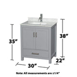 Wyndham Collection Sheffield 30" Gray Bathroom Vanity with White Carrara Marble Top