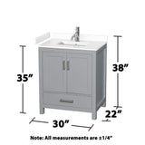 Wyndham Collection Sheffield 30" Gray Bathroom Vanity with Marble Top