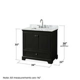 Wyndham Collection Deborah 36" Bathroom Vanity in Dark Espresso with White Carrara Marble Top
