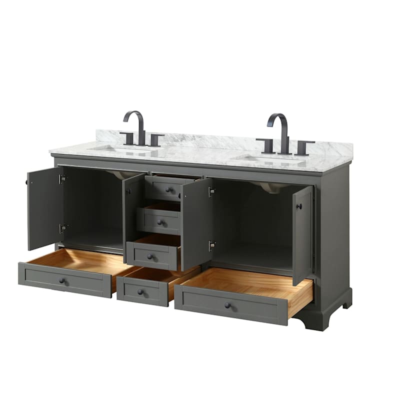Wyndham Collection Deborah 72" Free Standing Double Vanity Set – Plywood Cabinet, White Carrara Marble Top, Rectangular Porcelain Sinks