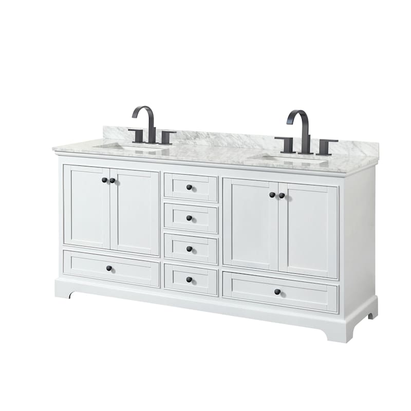 Wyndham Collection Deborah 72" Free Standing Double Vanity Set – Plywood Cabinet, White Carrara Marble Top, Rectangular Porcelain Sinks