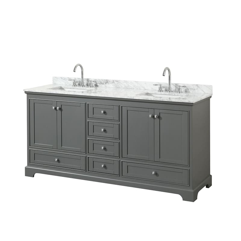 Wyndham Collection Deborah 72" Free Standing Double Vanity Set – Plywood Cabinet, White Carrara Marble Top, Rectangular Porcelain Sinks