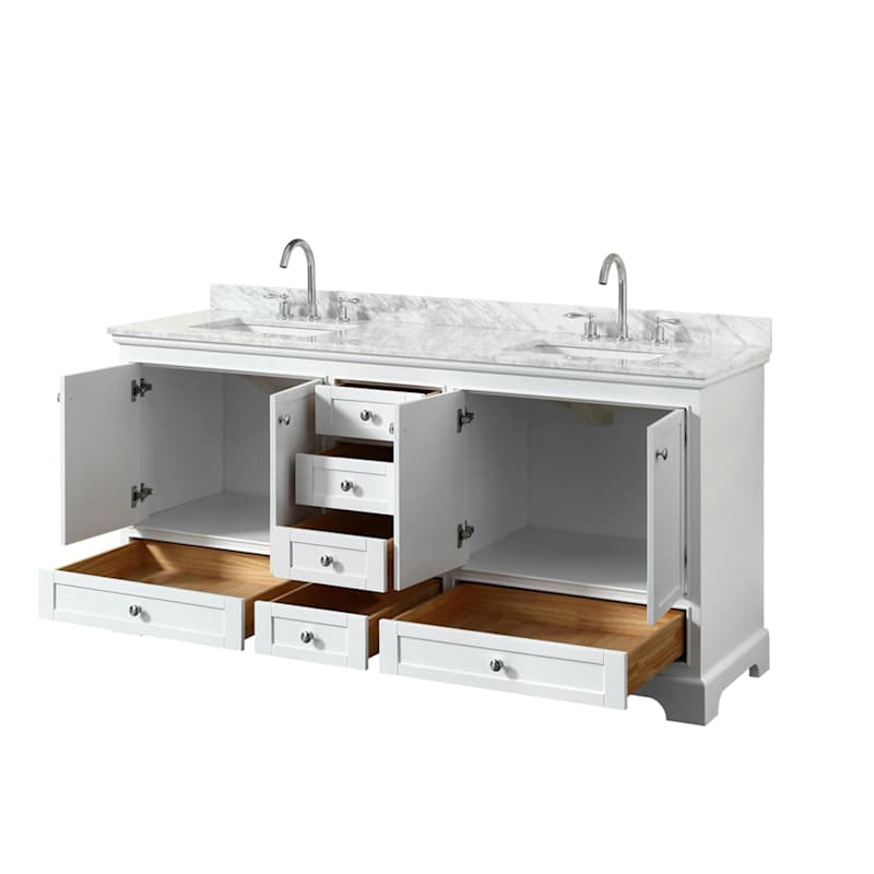 Wyndham Collection Deborah 72" Free Standing Double Vanity Set – Plywood Cabinet, White Carrara Marble Top, Rectangular Porcelain Sinks