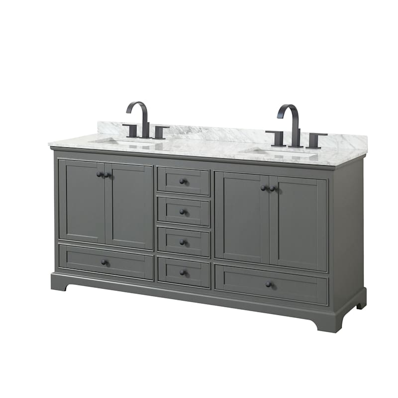 Wyndham Collection Deborah 72" Free Standing Double Vanity Set – Plywood Cabinet, White Carrara Marble Top, Rectangular Porcelain Sinks