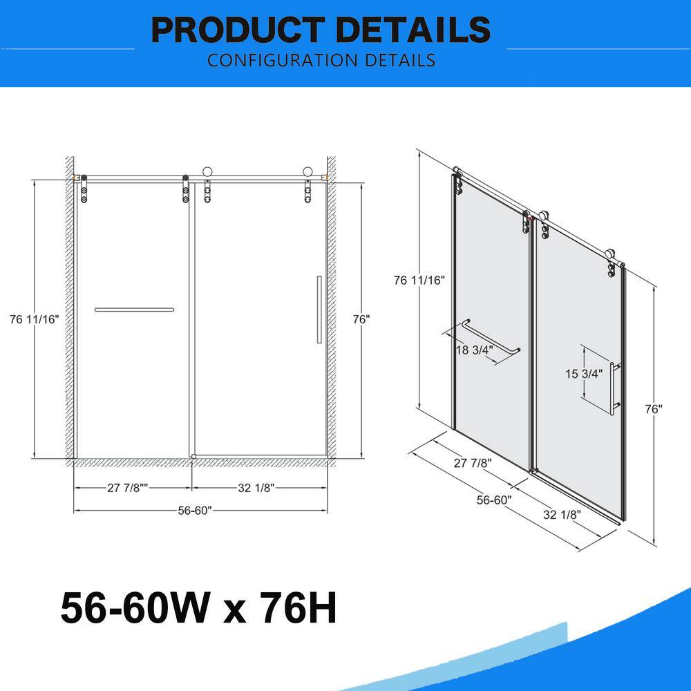 Xspracer Victoria 56-60 in. W x 76 in. H Sliding Frameless Shower Door in Brushed Nickel Finish with Clear SGCC Tempered Glass