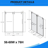 Xspracer Victoria 56-60 in. W x 76 in. H Sliding Frameless Shower Door in Brushed Nickel Finish with Clear SGCC Tempered Glass