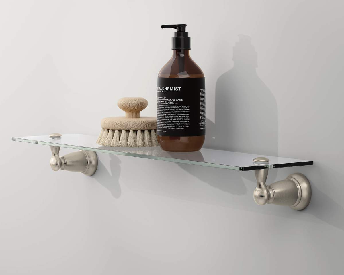Moen Banbury Wall-Mount Clear Glass Vanity Shelf, Brushed Nickel, 22-3/4 in W x 5-4/25 in L x 3 in H