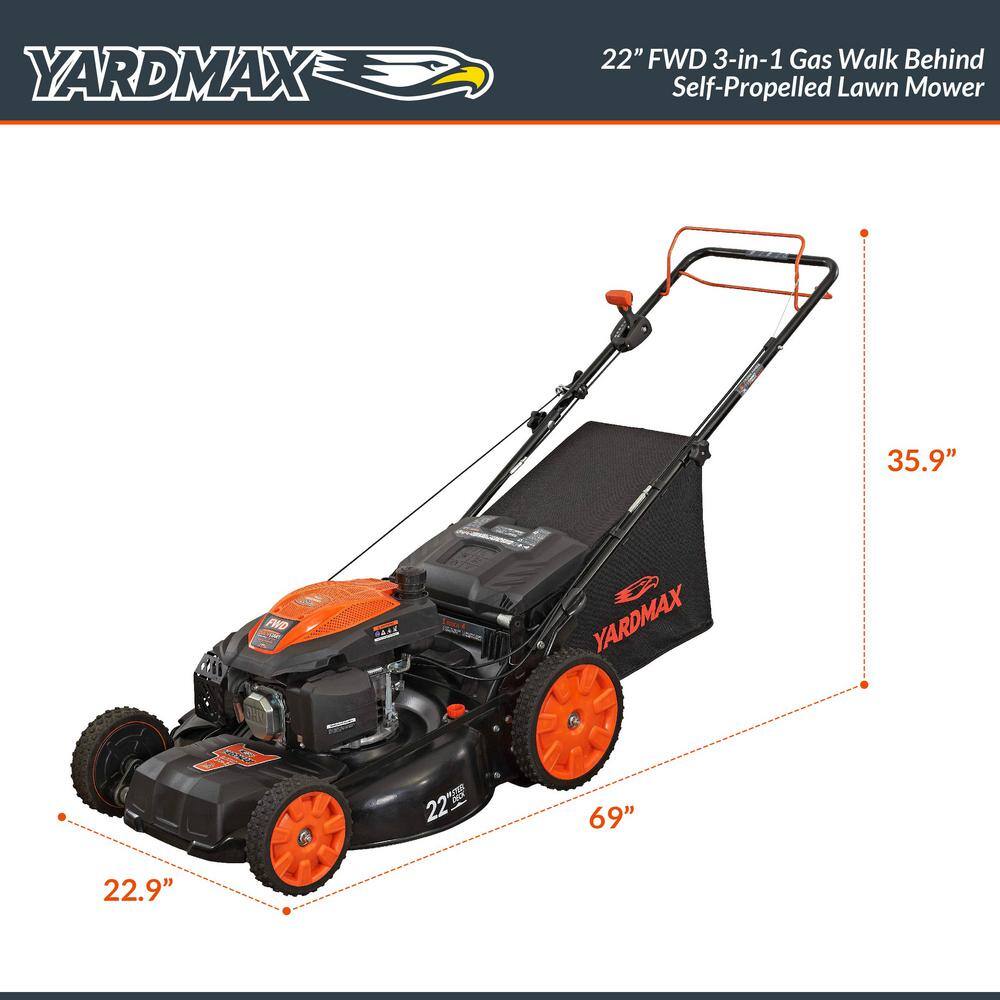 YARDMAX 22 in. 201 cc SELECT PACE 6 Speed CVT High Wheel FWD 3-in-1 Gas Walk Behind Self Propelled Lawn Mower