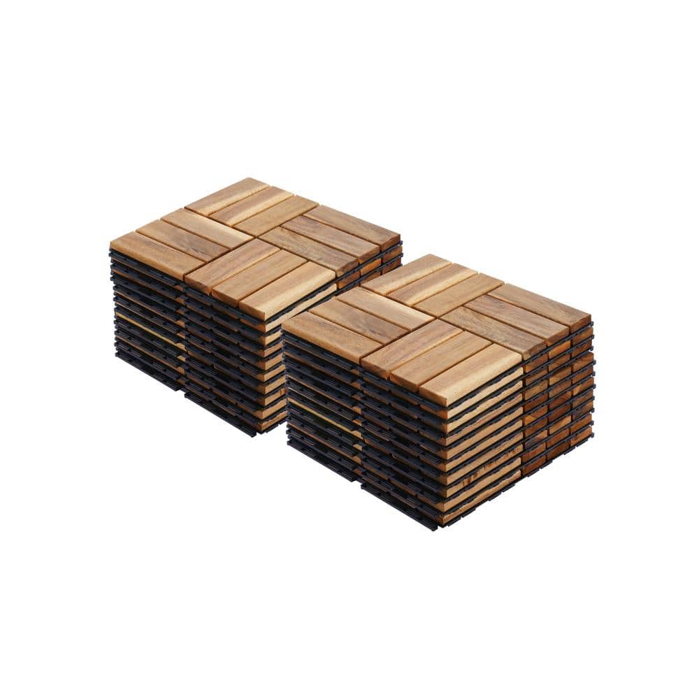 Amucolo 12 in. x 12 in. Checker Pattern Acacia Wood Interlocking Deck Tiles in Yellow for Patio, Pool Side (Set of 20 Tiles)