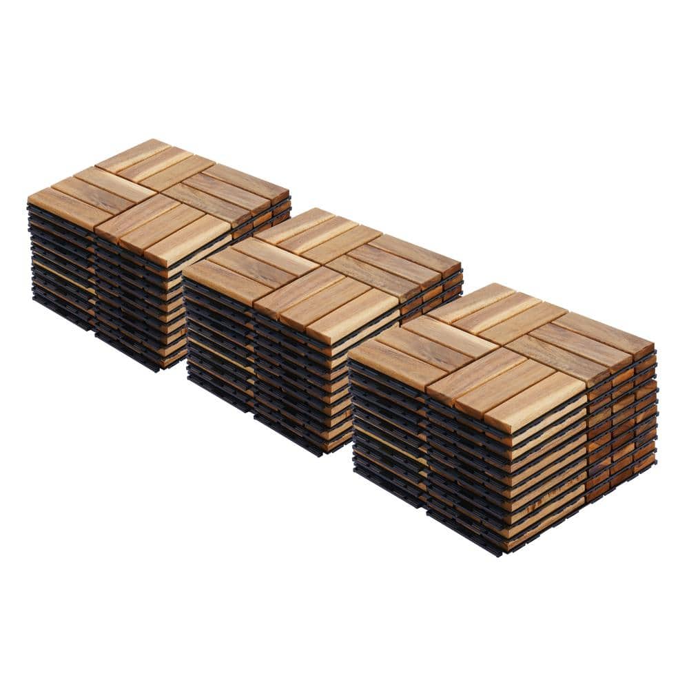 Amucolo 12 in. x 12 in. Checker Pattern Acacia Wood Interlocking Deck Tiles in Yellow for Patio, Pool Side (Set of 30 Tiles)