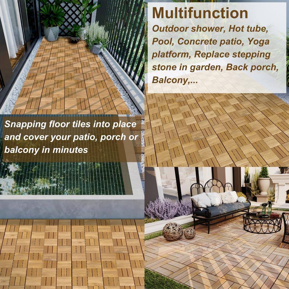 Amucolo 12 in. x 12 in. Checker Pattern Acacia Wood Interlocking Deck Tiles in Yellow for Patio, Pool Side (Set of 30 Tiles)