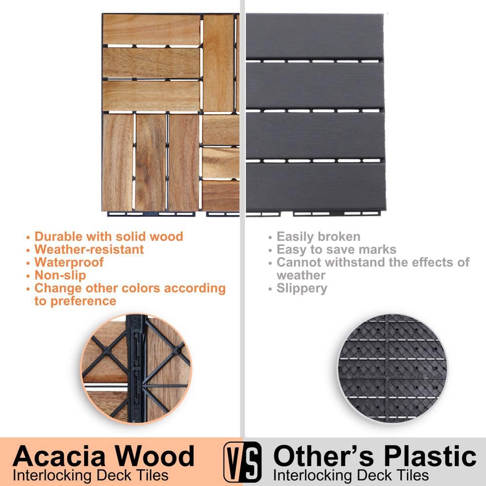cadeninc 12 in. x 12 in. Square Interlocking Acacia Wood Outdoor Checker Pattern Flooring Tiles (Set of 10 Tiles)