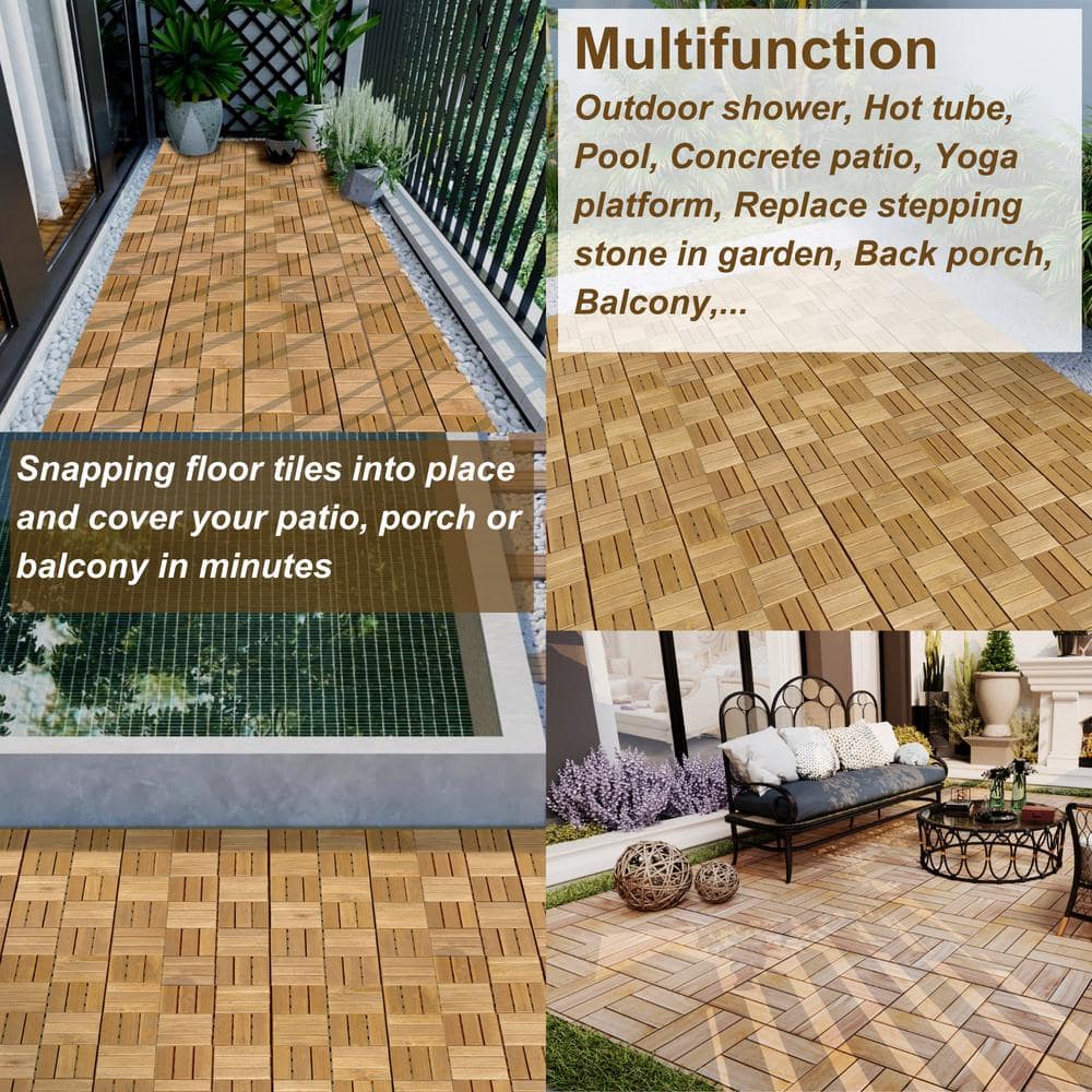 cadeninc 12 in. x 12 in. Square Interlocking Acacia Wood Outdoor Checker Pattern Flooring Tiles (Set of 30 Tiles)