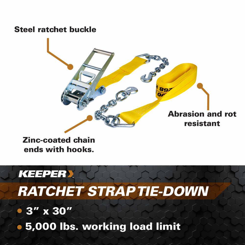 Keeper 30 ft. x 3 in. Ratchet Tie-Down with Chain Ends and Grab Hook, 5,000 lbs. WLL