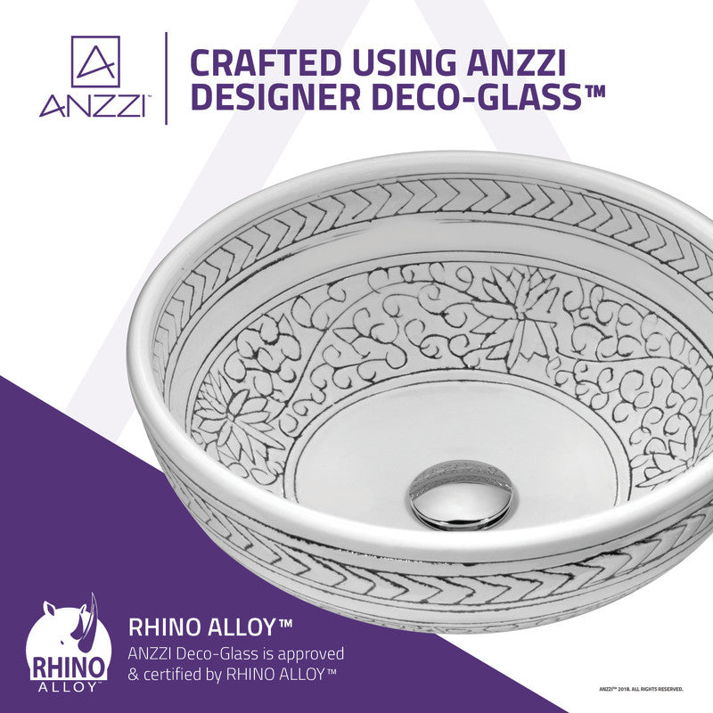 ANZZI Cadence Series 16.1 in. Round Bathroom Vessel Sink, Décor White, Tempered Deco-Glass