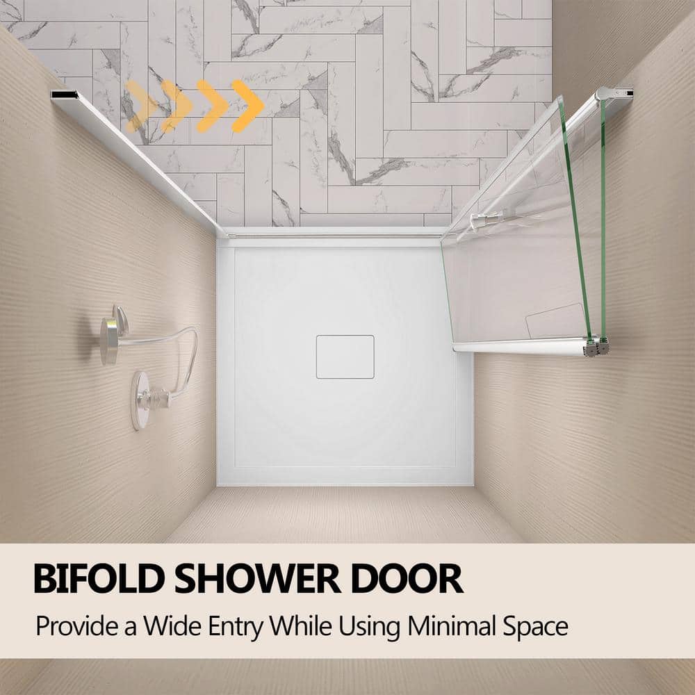 Zeafive 34 to 35-1/2 in. W x 72 in. H Frameless Bifold Shower Door Swing Pivot Small Alcove Shower Door in Chrome Clear Glass