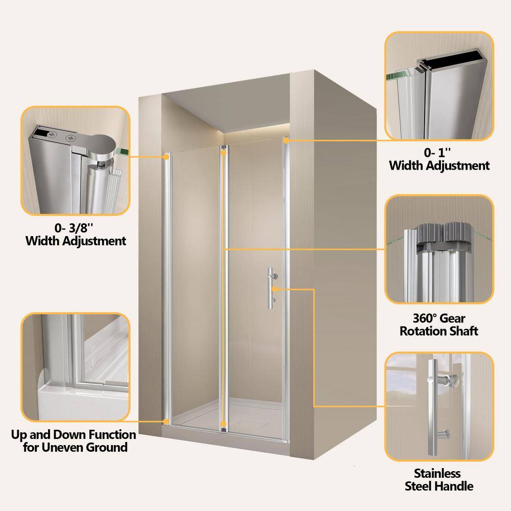 Zeafive 34 to 35-1/2 in. W x 72 in. H Frameless Bifold Shower Door Swing Pivot Small Alcove Shower Door in Chrome Clear Glass