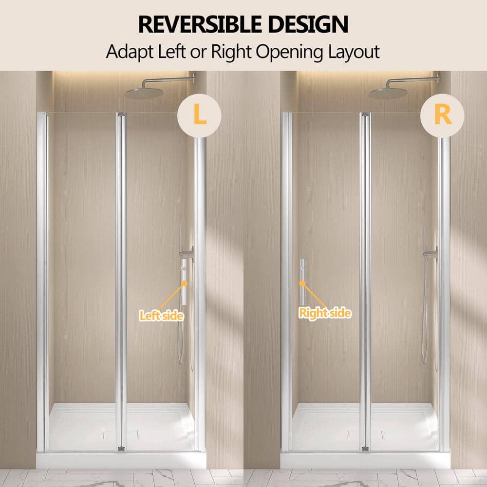 Zeafive 34 to 35-1/2 in. W x 72 in. H Frameless Bifold Shower Door Swing Pivot Small Alcove Shower Door in Chrome Clear Glass