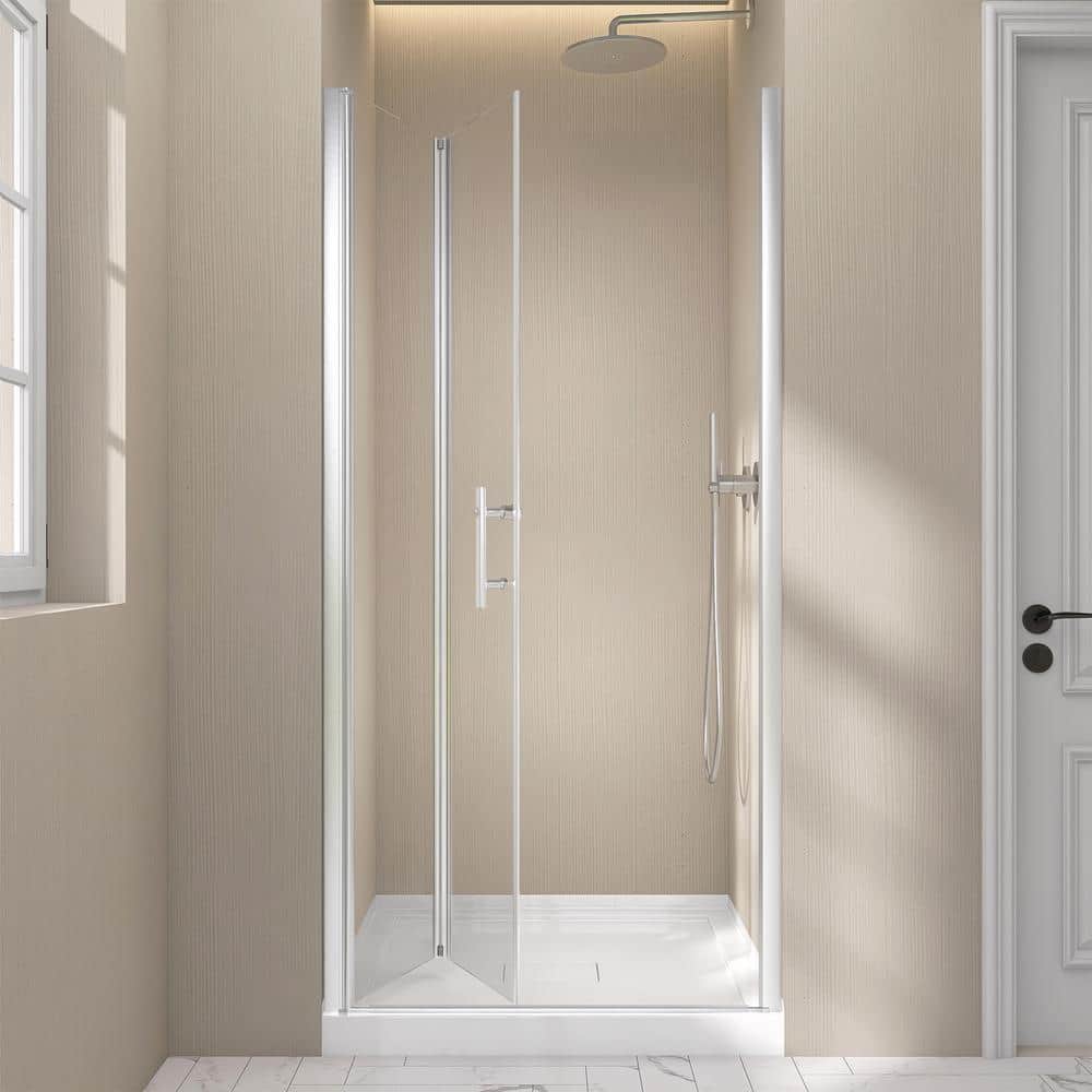 Zeafive 34 to 35-1/2 in. W x 72 in. H Frameless Bifold Shower Door Swing Pivot Small Alcove Shower Door in Chrome Clear Glass