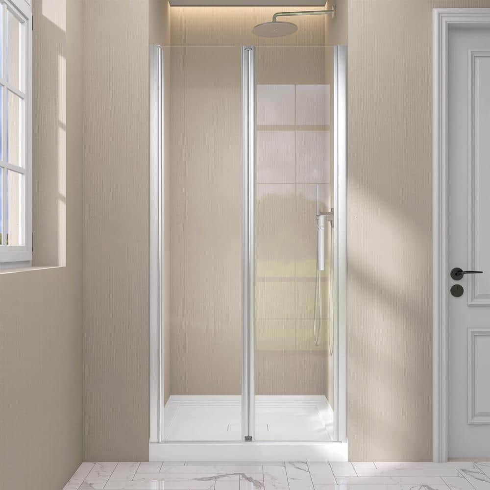 Zeafive 34 to 35-1/2 in. W x 72 in. H Frameless Bifold Shower Door Swing Pivot Small Alcove Shower Door in Chrome Clear Glass