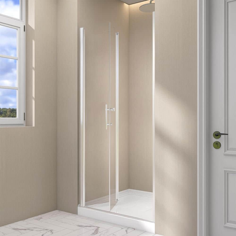 Zeafive 34 to 35-1/2 in. W x 72 in. H Frameless Bifold Shower Door Swing Pivot Small Alcove Shower Door in Chrome Clear Glass