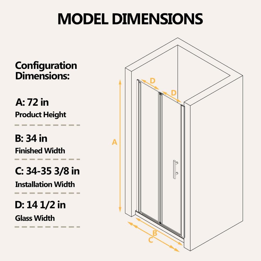 Zeafive 34 to 35-1/2 in. W x 72 in. H Frameless Bifold Shower Door Swing Pivot Small Alcove Shower Door in Chrome Clear Glass