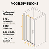 Zeafive 34 to 35-1/2 in. W x 72 in. H Frameless Bifold Shower Door Swing Pivot Small Alcove Shower Door in Chrome Clear Glass