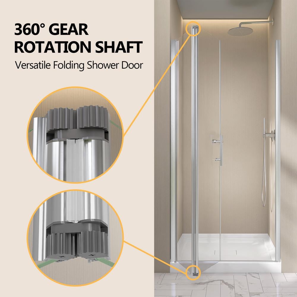 Zeafive 34 to 35-1/2 in. W x 72 in. H Frameless Bifold Shower Door Swing Pivot Small Alcove Shower Door in Chrome Clear Glass