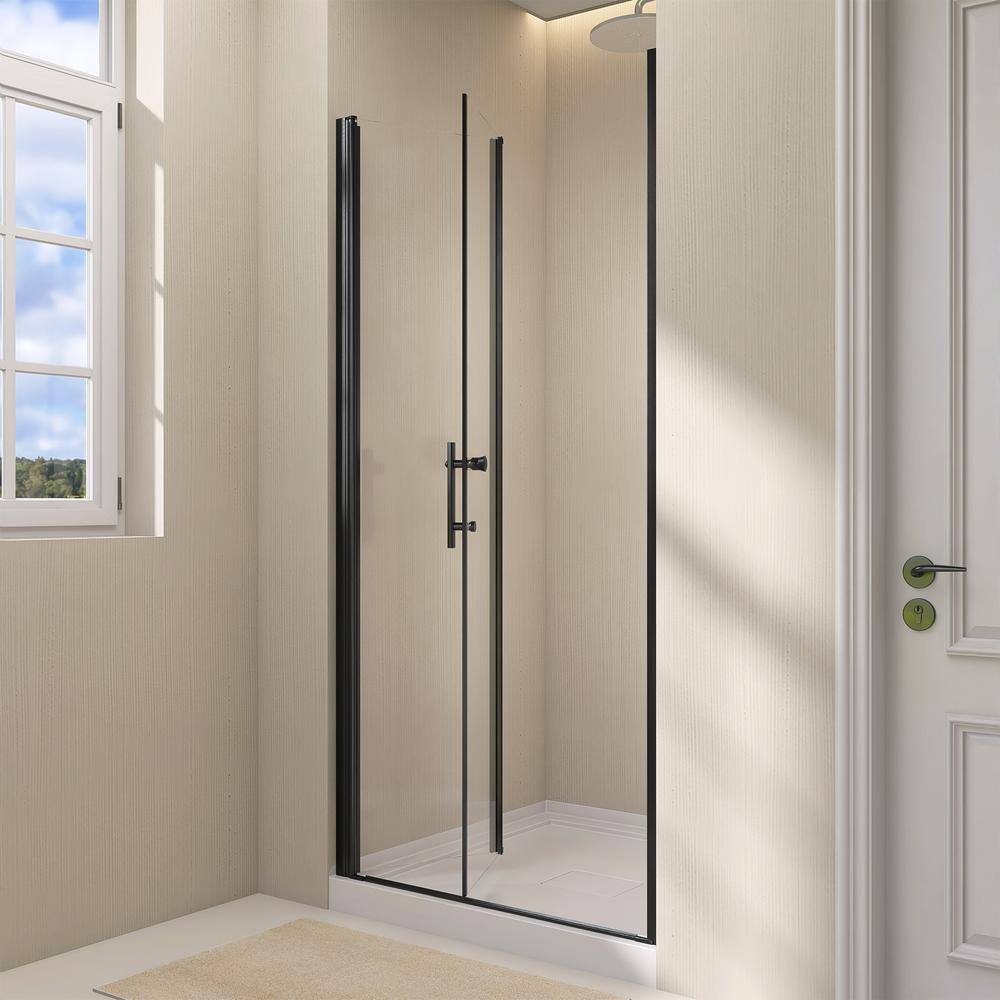 Zeafive 36 to 37-1/2 in. W x 72 in. H Frameless Shower Door Bifold Swing Pivot Small Shower Door in Black with Clear Glass