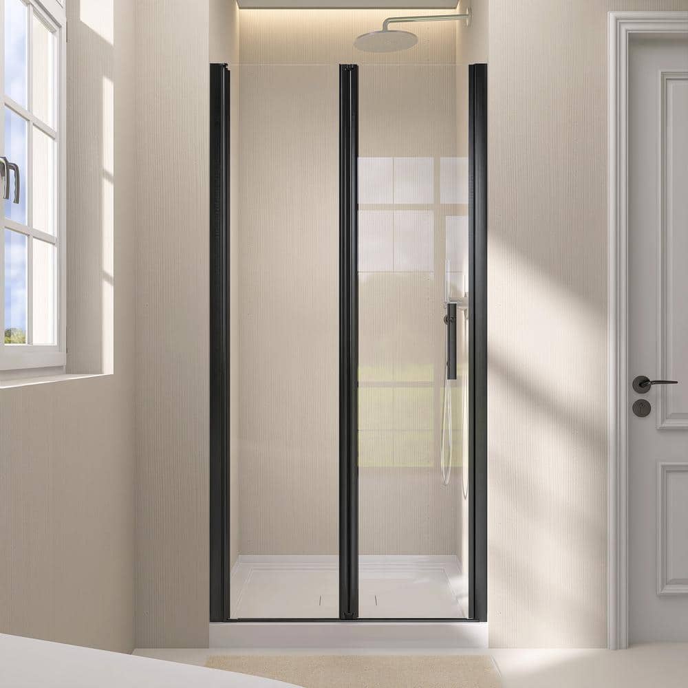 Zeafive 36 to 37-1/2 in. W x 72 in. H Frameless Shower Door Bifold Swing Pivot Small Shower Door in Black with Clear Glass