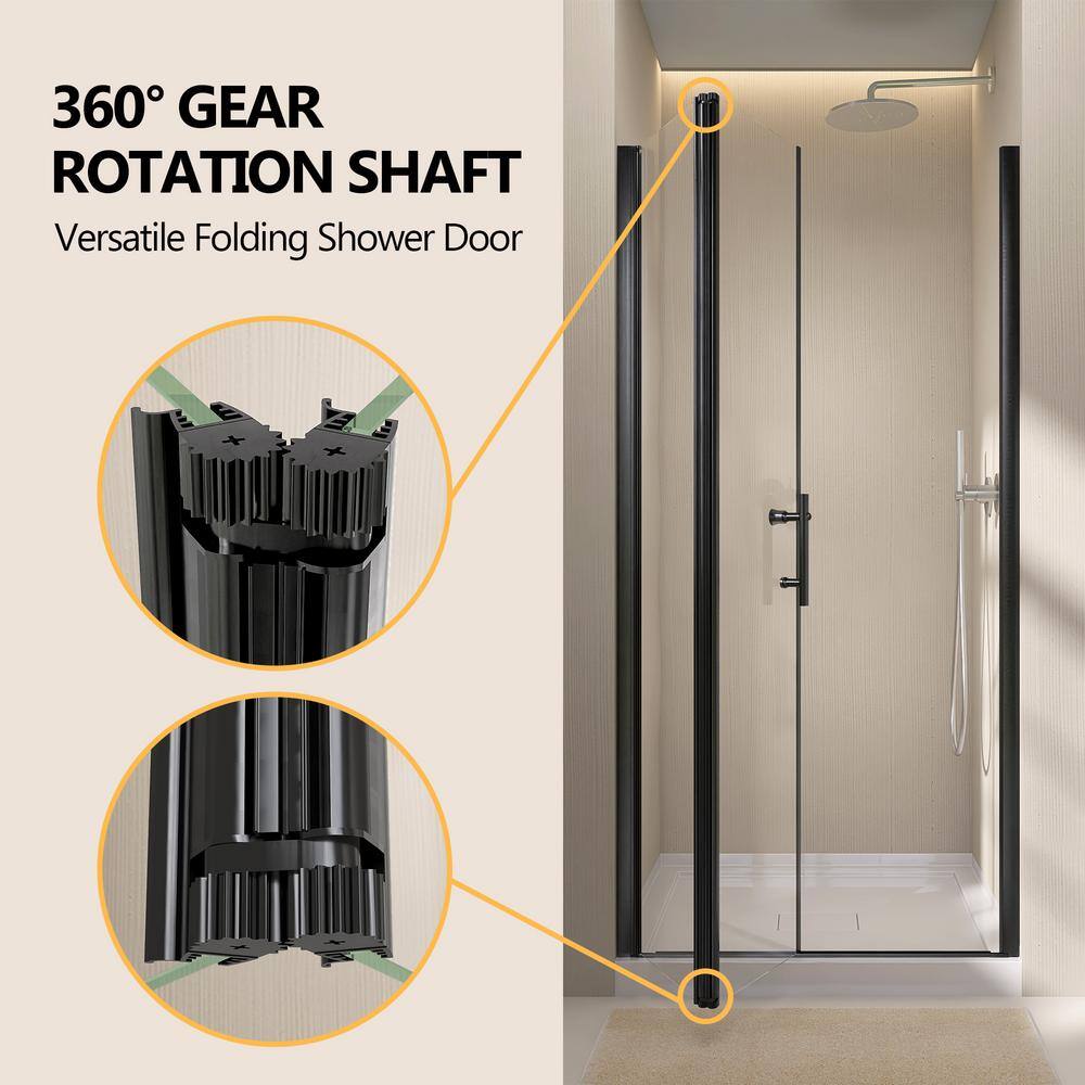 Zeafive 36 to 37-1/2 in. W x 72 in. H Frameless Shower Door Bifold Swing Pivot Small Shower Door in Black with Clear Glass