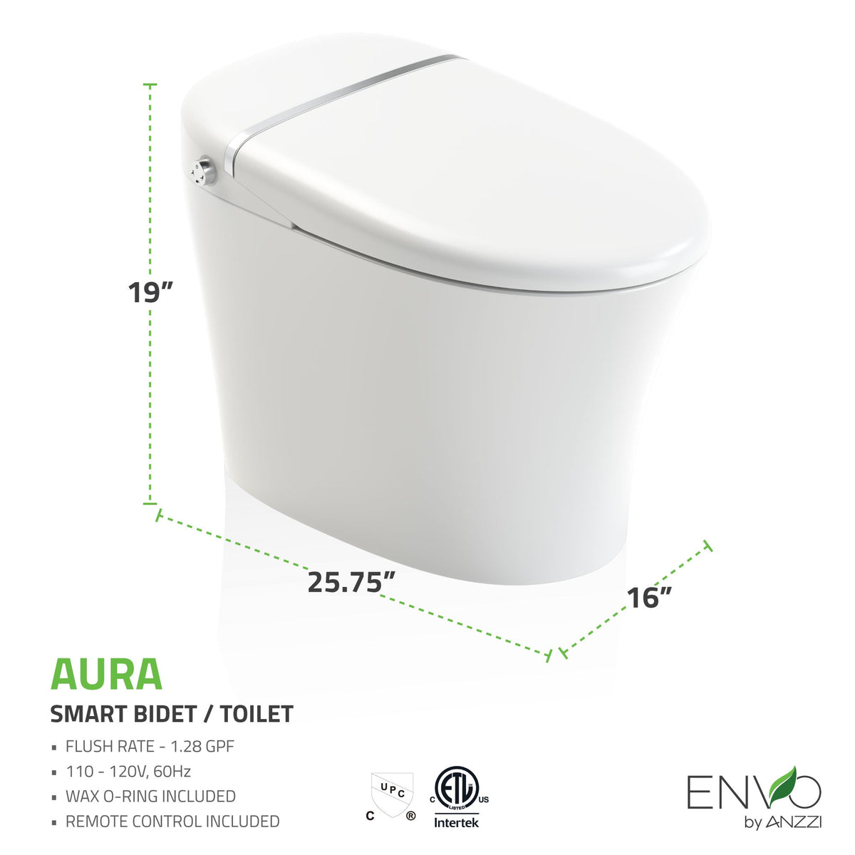 ENVO Aura Smart Toilet Bidet with Remote & Auto Flush in White