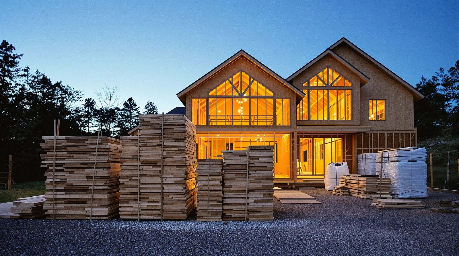 A work truck loaded with strapped lumber outside a house under construction at dusk